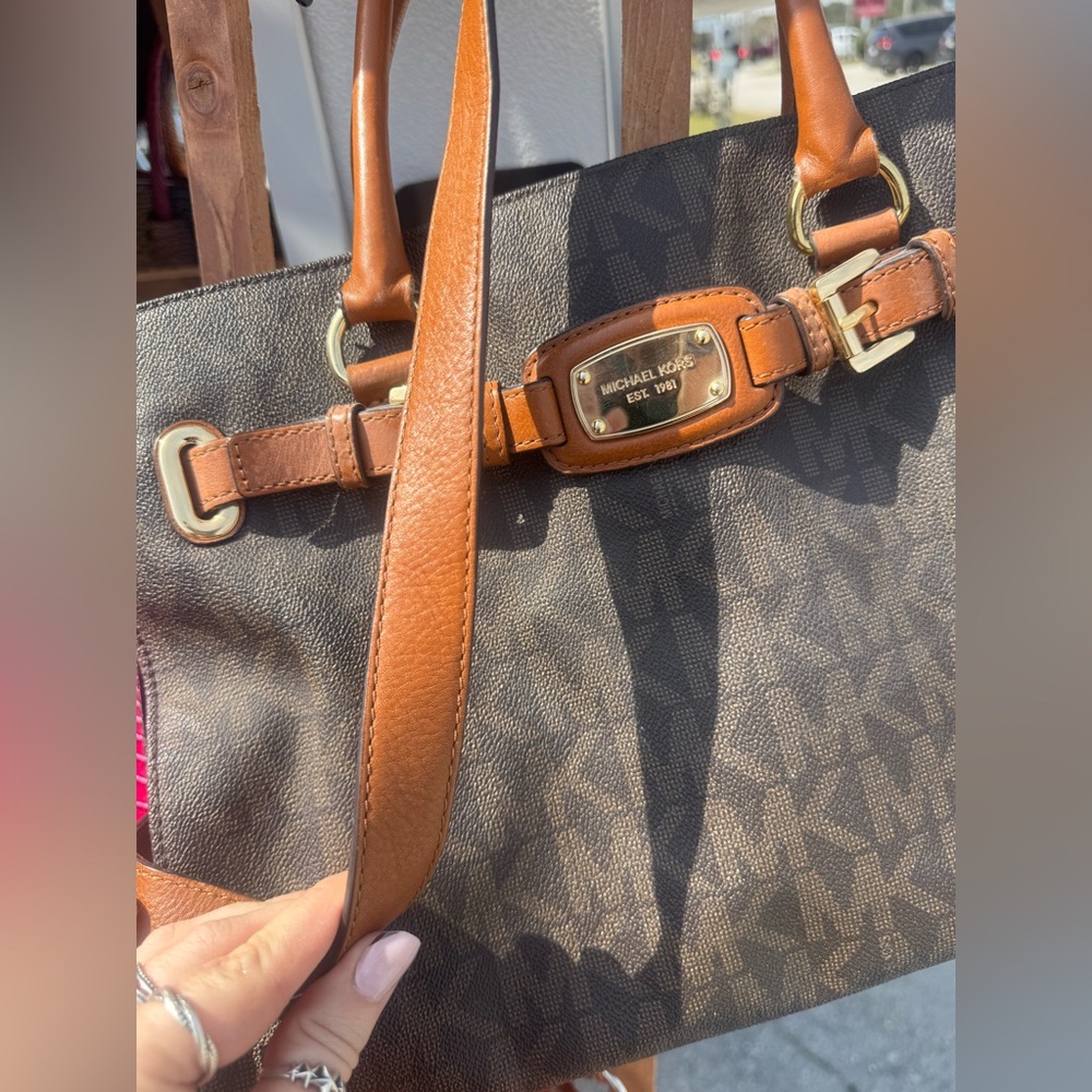 Michael Kors Brown MK Logo Tote with Tan Leather Trim